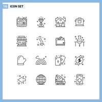 Set of 16 Vector Outlines on Grid for building rice building kitchen property Editable Vector Design Elements