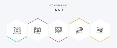 paquete de iconos de 25 líneas ux y ui que incluye fotografía. cámara. analítica. laboral. configuración vector