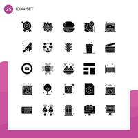 Set of 25 Commercial Solid Glyphs pack for media google cooking location map Editable Vector Design Elements