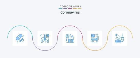 paquete de iconos coronavirus azul 5 que incluye virus. turista. tratamiento médico. Cama de hospital vector