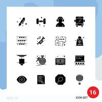 Modern Set of 16 Solid Glyphs Pictograph of flag transport weight school headphone Editable Vector Design Elements