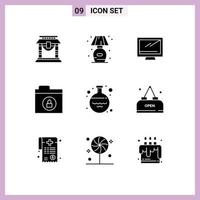 Universal Icon Symbols Group of 9 Modern Solid Glyphs of glass lock computer folder pc Editable Vector Design Elements