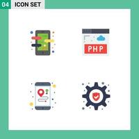 conjunto de 4 paquetes de iconos planos comerciales para mapas de aplicaciones idioma php bloquear elementos de diseño vectorial editables vector