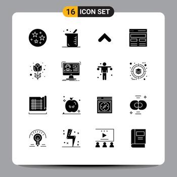 conjunto de glifos sólidos de interfaz móvil de 16 pictogramas de elementos de diseño vectorial editables de encabezado de interfaz de flechas de usuario de flor vector