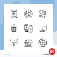 9 Thematic Vector Outlines and Editable Symbols of ad handbag shield luggage gear Editable Vector Design Elements