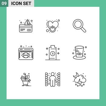9 iconos creativos, signos y símbolos modernos de visualización de datos de electricidad, búsqueda de análisis de datos de amor, elementos de diseño de vectores editables