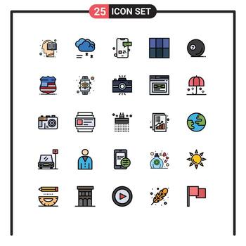 25 líneas llenas de interfaz de usuario, paquete de color plano de signos y símbolos modernos de diseño de billar, cuadrícula de clima lluvioso, elementos de diseño vectorial editables para teléfonos inteligentes vector