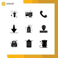 Group of 9 Solid Glyphs Signs and Symbols for sunblock down online bottom telephone Editable Vector Design Elements