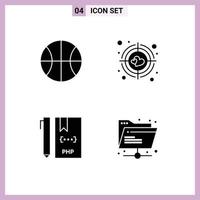 Universal Icon Symbols Group of 4 Modern Solid Glyphs of basic file aim coding folder Editable Vector Design Elements