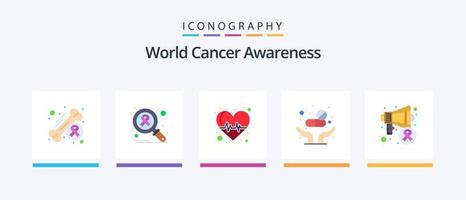 paquete de iconos planos 5 de concientización mundial sobre el cáncer que incluye altavoz. tabletas virus. pastillas cuidado de la salud. diseño de iconos creativos vector