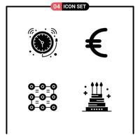 4 Solid Glyph concept for Websites Mobile and Apps alarm pattern time euro security Editable Vector Design Elements