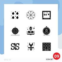 Mobile Interface Solid Glyph Set of 9 Pictograms of thief hacker calm shape education Editable Vector Design Elements