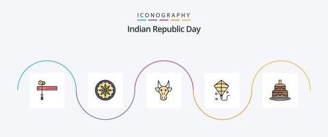 la línea del día de la república india llenó el paquete de iconos planos 5 que incluye el día. indio. animales festival. cometa vector