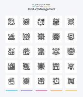 gestión creativa de productos 25 paquete de iconos de contorno como producto. administración. producto. objetivo. administración vector