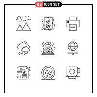 Pictogram Set of 9 Simple Outlines of place fire print culture cloud Editable Vector Design Elements