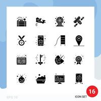 Mobile Interface Solid Glyph Set of 16 Pictograms of madel transmitter fun satellite broadcasting Editable Vector Design Elements