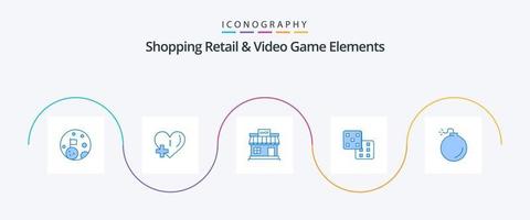 Shoping Retail And Video Game Elements Blue 5 Icon Pack Including explosive. probability. shop. gaming. market vector