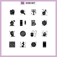 Set of 16 Vector Solid Glyphs on Grid for cooker hat chef hat electric tower chef potion Editable Vector Design Elements