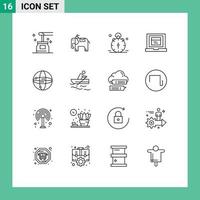 Modern Set of 16 Outlines Pictograph of computing world clock website browser Editable Vector Design Elements