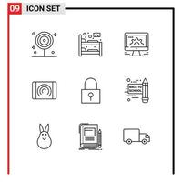 User Interface Pack of 9 Basic Outlines of lock touch computer user web Editable Vector Design Elements