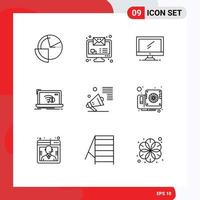 Set of 9 Vector Outlines on Grid for internet internet computer error pc Editable Vector Design Elements