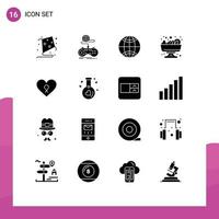 16 User Interface Solid Glyph Pack of modern Signs and Symbols of patient love global heart food Editable Vector Design Elements