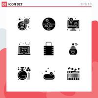 Pack of 9 Modern Solid Glyphs Signs and Symbols for Web Print Media such as software creative skin code business solution Editable Vector Design Elements