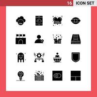 Set of 16 Commercial Solid Glyphs pack for public arena hearts vision face Editable Vector Design Elements