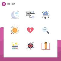 Group of 9 Flat Colors Signs and Symbols for love heat connected sunlight summer Editable Vector Design Elements