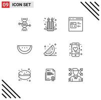 9 Thematic Vector Outlines and Editable Symbols of watermelon food c watermelon development Editable Vector Design Elements