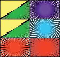 Comic book colorful frames background with halftone rays radial and dotted effects pop art style vector