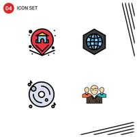 Pack of 4 Modern Filledline Flat Colors Signs and Symbols for Web Print Media such as location cd home globe multimedia Editable Vector Design Elements