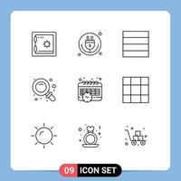 Universal Icon Symbols Group of 9 Modern Outlines of grid schedule grid calendar research Editable Vector Design Elements