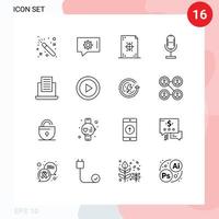 16 iconos creativos, signos y símbolos modernos de texto, desarrollo de portátiles, micrófono, transmisión, elementos de diseño vectorial editables vector