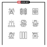 Mobile Interface Outline Set of 9 Pictograms of phone call hotel siren bell Editable Vector Design Elements