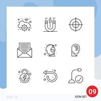 Pack of 9 creative Outlines of head envelope snap email communication Editable Vector Design Elements