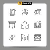 Mobile Interface Outline Set of 9 Pictograms of hut home medical building home Editable Vector Design Elements