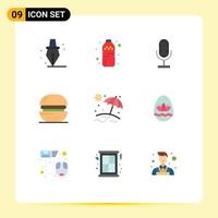 conjunto de 9 iconos de interfaz de usuario modernos símbolos signos para vacaciones playa micrófono comida bebidas elementos de diseño vectorial editables vector