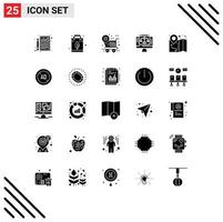 Set of 25 Commercial Solid Glyphs pack for location computer bag server data sharing Editable Vector Design Elements