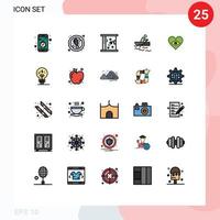 grupo de 25 colores planos de líneas llenas modernas para entrenamiento cardíaco elementos de diseño de vectores editables de ducha de remo fresca