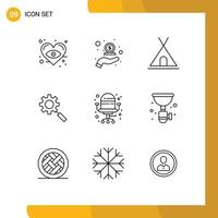 9 User Interface Outline Pack of modern Signs and Symbols of office setting holidays gear search Editable Vector Design Elements