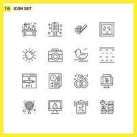 Pack of 16 Modern Outlines Signs and Symbols for Web Print Media such as sun invitation party envelope tool Editable Vector Design Elements