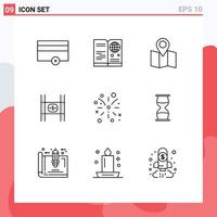 Mobile Interface Outline Set of 9 Pictograms of fire work movie location money costs Editable Vector Design Elements