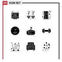 Set of 9 Commercial Solid Glyphs pack for dumbbells transport home boat performance Editable Vector Design Elements