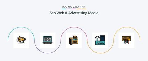 Seo web y la línea de medios publicitarios llenaron un paquete de iconos planos 5 que incluye radio. señal. computadora. dispositivo. máquina de fax vector