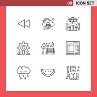 Group of 9 Outlines Signs and Symbols for night research beach search engine Editable Vector Design Elements