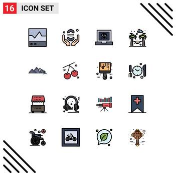 conjunto de líneas llenas de color plano de interfaz móvil de 16 pictogramas de programación de parques islámicos de jardines paisajísticos elementos de diseño de vectores creativos editables