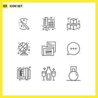 Outline Pack of 9 Universal Symbols of folder document cubes data sports ball Editable Vector Design Elements