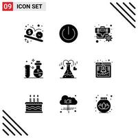 Pictogram Set of 9 Simple Solid Glyphs of science flasks gadgets chemistry gear Editable Vector Design Elements