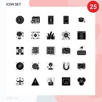 paquete de interfaz de usuario de 25 glifos sólidos básicos de elementos de diseño de vectores editables inalámbricos de teléfonos inteligentes de eventos móviles de iphone